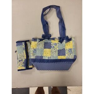 Donna Sharp Tote Bag Wallet Set Quilted Floral Patchwork Blue Yellow Cotton Bows